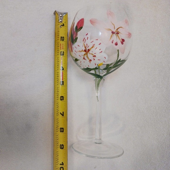 9" Goblet HAND PAINTED WINE GLASS Tropical Asian Lilly Flowers - Picture 8 of 14
